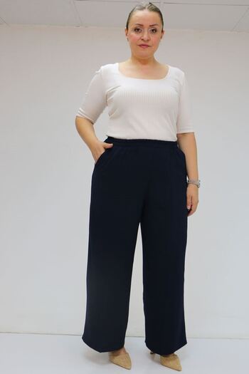 Eslina 59014 Plus Size Elastic Waist Wide Leg Pants - Navy Blue