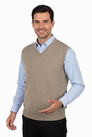 Oppland Men's V-Neck Solid Color Classic Model Comfortable Cut Full Pattern Thin Wool Woven Sweater