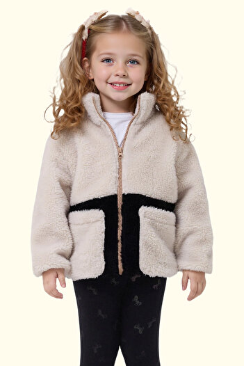 freemen Girl's Plush Ecru Black Zippered Welsoft Winter Coat