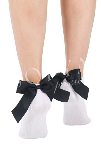 Sofya Passion Black Bow Bamboo White Socks - Seamless Toe, Soft White Women's Socks
