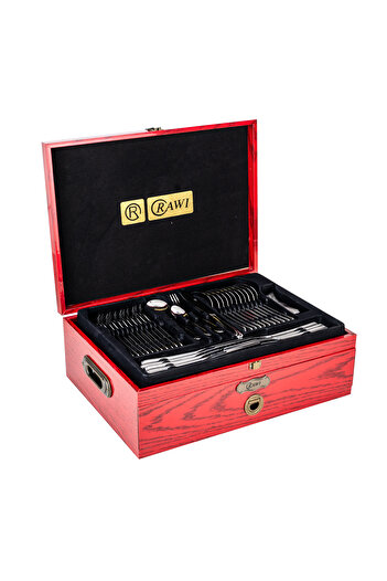 Trendy's Cutlery Set, RAWI, 84 Pieces, Stainless Steel with Gold Accents, Elegant Red Wood Box