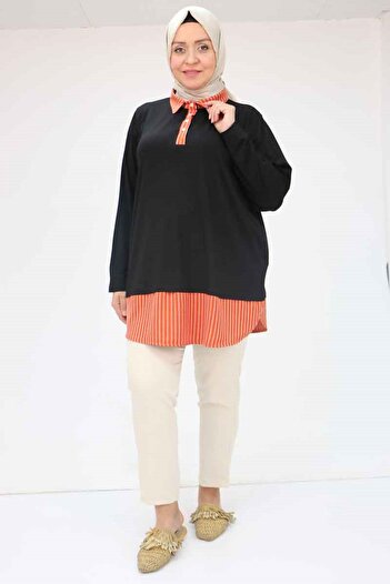 Eslina F-58037 Plus Size Half Placket Garnished Combed Cotton Tunic - Black-Tile