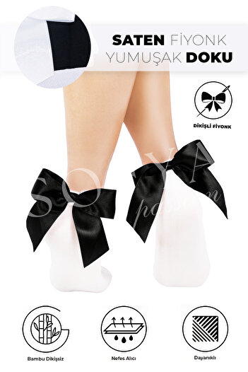 Sofya Passion Black Bow Bamboo White Socks - Seamless Toe, Soft White Women's Socks