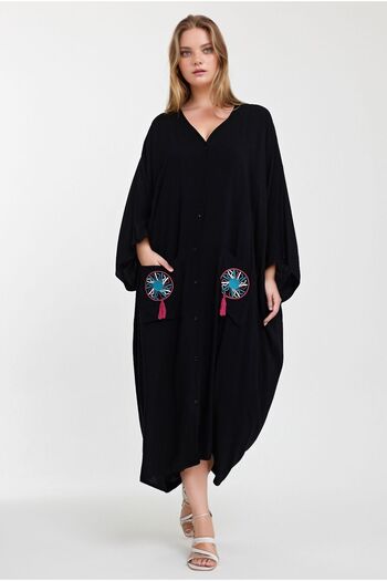 bacc Black Embroidered Long Loose Shirt Dress - Double Pocket Bcvl-24948