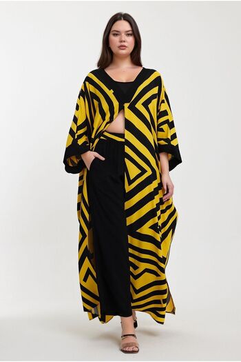 bacc Yellow Geometric Patterned Women's Trousers and Kimono Jacket Set - Bcvl-241015
