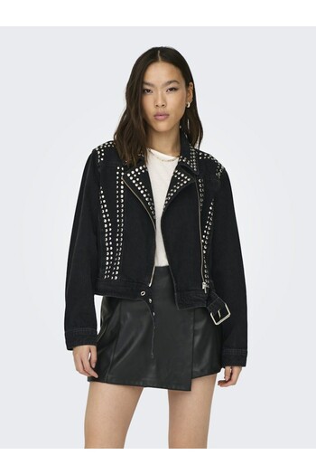 ONLY Jachetă neagră pentru femei Onlgilla Ls Stud Dnm Biker Cro Jacket 15300529-Negru