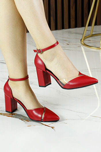 Erkan Saçmacı Aurora Red Vegan Transparent Design Pointed Toe Thick Heeled Classic Shoes