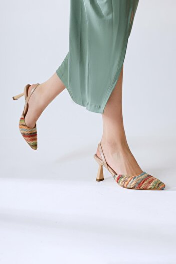 Limoya Maddy Multicolored Knit Detailed Pointed Toe Heeled Women's Sandals