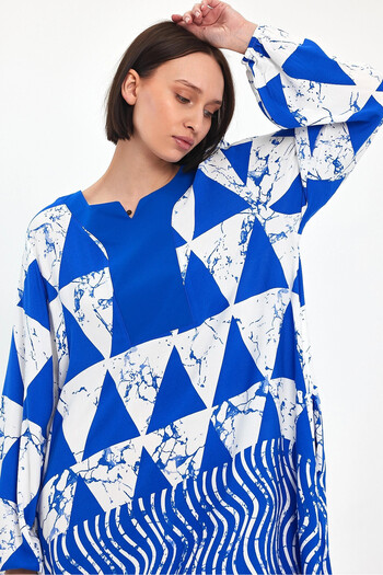 bacc Blue Geometric Woven Dress - Crew Neck, Long, Loose Cut Bcvl-241058
