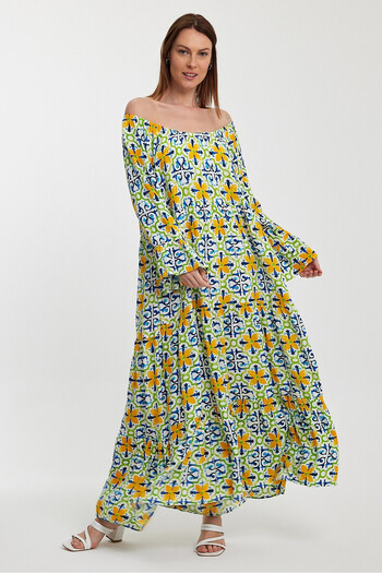 bacc Yellow Blue Patterned - Off-Shoulder Comfortable Cut Woven Dress Bcvl-242251