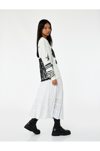 Koton Cotton Ruffle Detailed Layered Waist Lace-Up Long Skirt