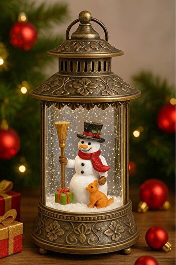 BeySüS Christmas Pine Tree Ornament Table Decor Lighted Musical Snowman Music Box Bell Jar Brown