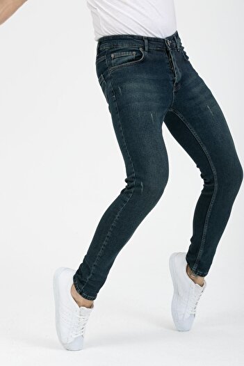 OneZero Erkek Tırnaklı Skinny Fit Mavi Yeşil Tint Jeans Pantolon