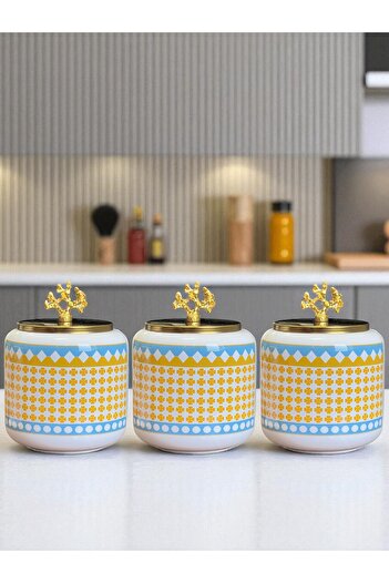 ferayhome Spice Jar Set of 3 Oval Large Size Coffee Corner Set 1400 ml (Tea, Coffee, Sugar) Geometric Clover Gold