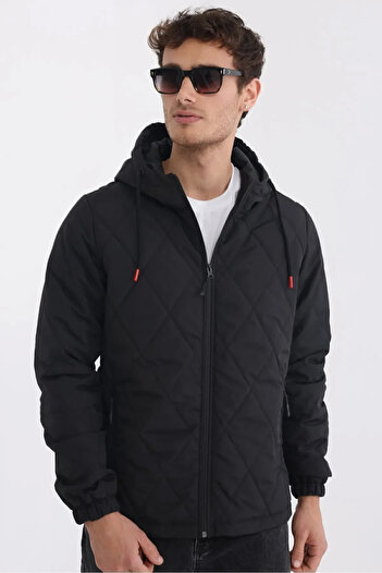D1fference Men's Black College Collar Windproof Quilted Pattern Fiber Padded Coat