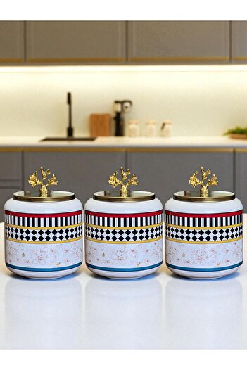 ferayhome Spice Jar Set of 3 Oval Large Size Coffee Corner Set 1400 ml (Tea, Coffee, Sugar) Butterfly Pattern Gold