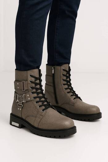 Nstil Ανδρικές μπότες casual - Mink, Λεπτομέρεια αγκράφα, Κορδόνια, Φερμουάρ, Οβάλ Μύτη, Χοντρή αντιολισθητική σόλα 2118
