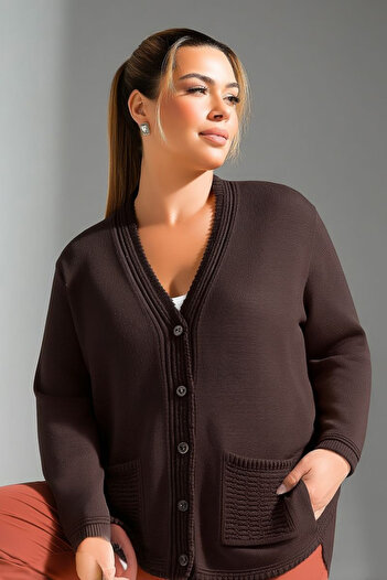 Hanezza Large Size Ribbed Detailed Knitwear Jacket