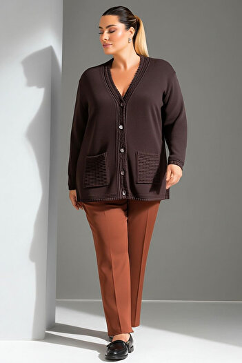 Hanezza Large Size Ribbed Detailed Knitwear Jacket