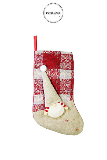 Dekorsende Christmas Ornament Checkered Cream Beret Santa Claus Socks Red 40 cm
