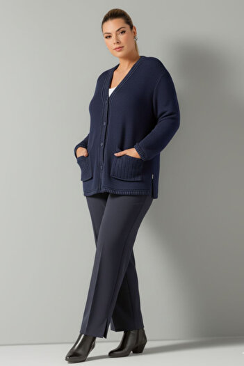 Hanezza Large Size Ribbed Detailed Knitwear Jacket