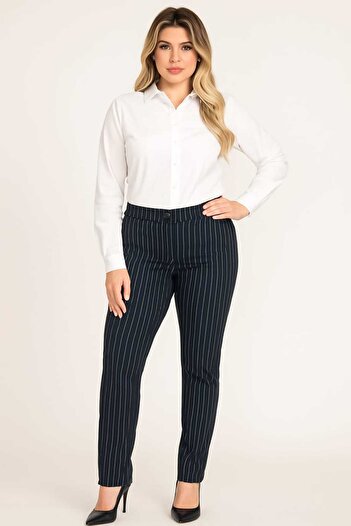 Şans Women's Large Size Navy Blue Striped Side and Back Fleto Pocket Classic Trousers 65n33083