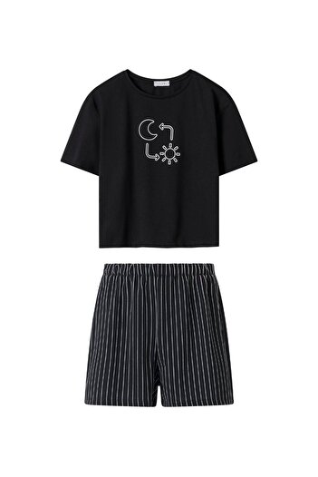 FACETTE Women's Black Moon Sun Pattern T-Shirt Shorts Pajama Set