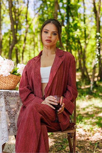 FACETTE Women's Burgundy Patterned Shirt Pants Set