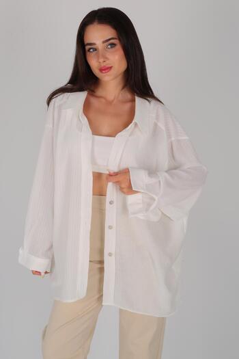 FACETTE White Oversize Women's Shirt - Off Shoulder