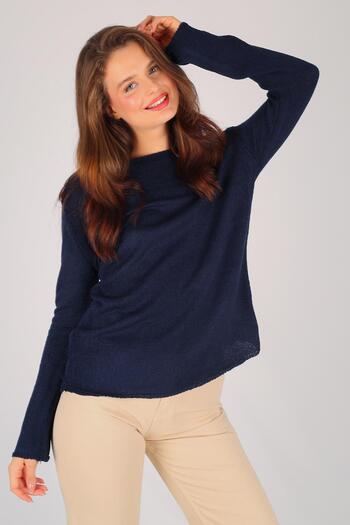 FACETTE Women's Navy Blue Crew Neck Long Sleeve Thin Sweater