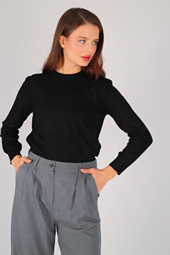 FACETTE Women's Black Thin Ribbed Basic Long Sleeve Sweater