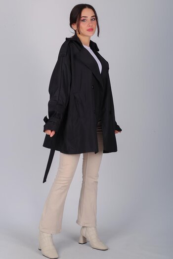 FACETTE Women's Black Belted Epaulettes Trench Coat