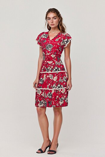 bacc Women's Red Collar Ribbed Floral Patterned Summer Viscon Dress Bcvl-25V054