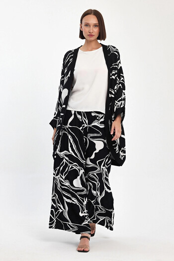 bacc Maxi Size Black Printed Kimono and Trousers Woven Viscon Bottom Top Set Bcvl-251068