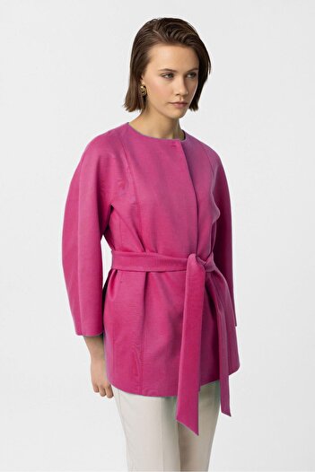 Deriderim Pink Jadira Snap Closure Belted Three Quarter Sleeve Fabric Coat