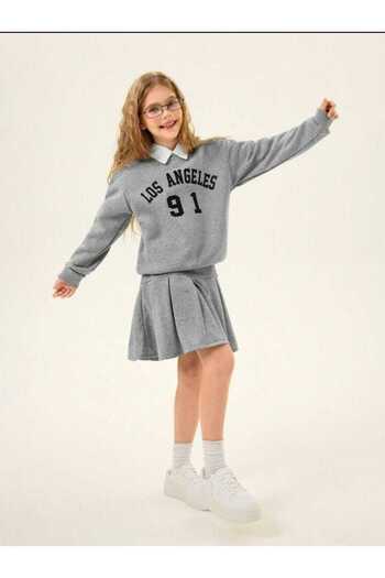 Yavrumsa Girl's Grey Skirt Set - Los Angeles Printed Sweat and Pleated Skirt