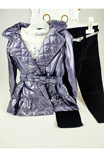 GAMZEAKKUŞ Lined, Hooded Jacket, Printed, Guipure Detailed Bodysuit, Velvet Pants, Belt 4-Piece Girl's Set