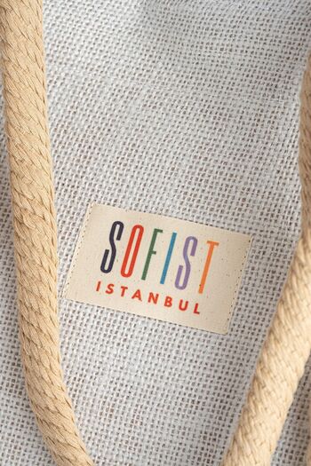 Sofist İstanbul Natural Ecru Jute Beach Bag Natural Knitted Rope Handle Lined Ecru Jute Women's Beach Bag