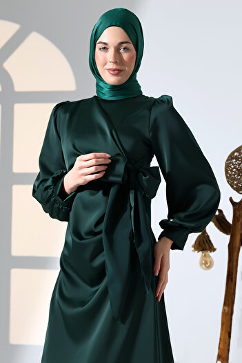 Suedcollection Side Tie Pleat Detailed Satin Evening Dress Emerald