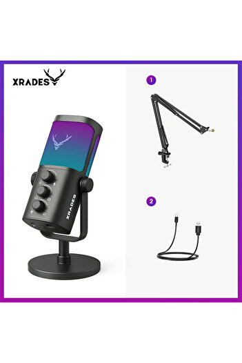 Xrades Professional 2 Li Stand Youtuber Gamer Tiktok Broadcaster USB Rgb Microphone Set M3 Pro
