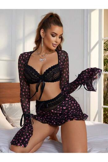 DOSESA Women's Sexy Leopard Pattern Slit Detailed Fancy Nightgown