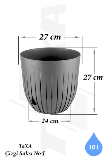 ToXA Çizgi Saksı 10 Litre Plastik Delikli Tabaklı Çiçek Saksısı