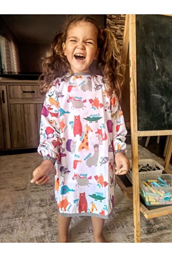 Aşkın Parti Evi 4-7 Years Zoo Patterned Liquid Proof Long Sleeve Bib - Machine Washable