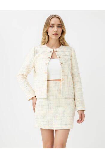Jimmy Key Ecru Regular Waist Plaid Patterned Woven Mini Skirt