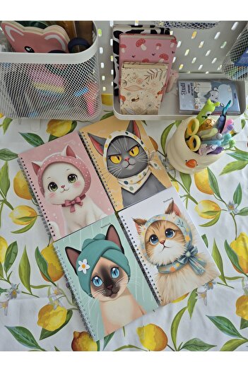 Crow Notebook A5 (14X21Cm) Cat Series Spiral School Notebook 80 Sheets Set of 4 - Lined