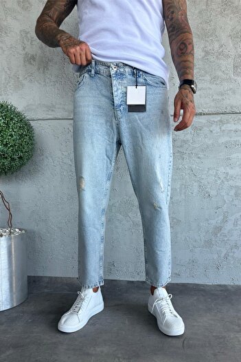 MADZEYMODA Denim Fabric Snow Wash Boyfriend Fit Ripped Detailed Men's Jean Denim Trousers Ke-373