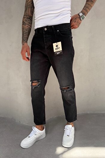 MADZEYMODA Καπνιστό ύφασμα τζιν με σκισίματα Boyfriend Fit Ανδρικό τζιν παντελόνι KE-325