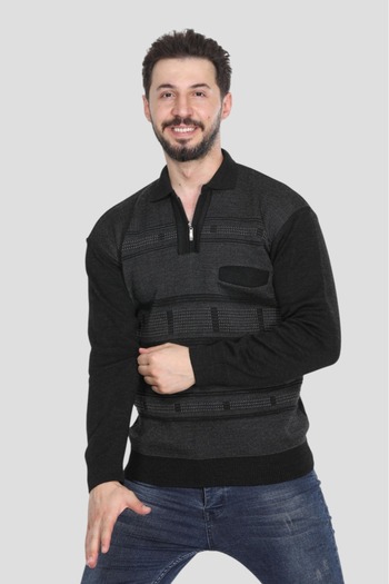 HEDEFNUR TEKSTİL Men's Middle-Aged and Older Knitwear Knitted Acrylic Winter Dad Polo Neck Sweater with Pockets