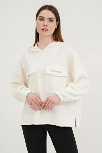 Le'sluette shadow of style Women's Pocket Detailed Modal Hoodie Ecru