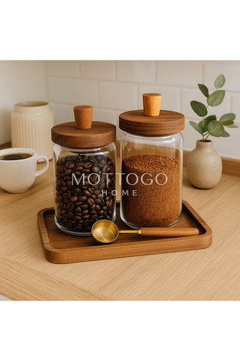 Mottogo Set of 2 Acacia Vacuum Lid Glass Jars with Measuring Spoons 700ml - 950ml